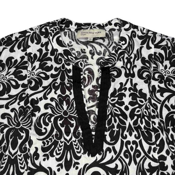 Jones New York Sport Womens Medium Tunic Top Black White Damask Print 3/4 Sleeve - Picture 4 of 11